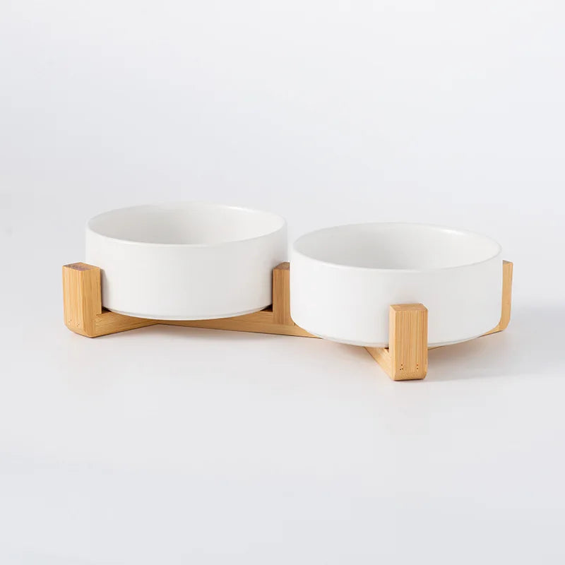 Ceramic Pet Bowl with Wooden Stand