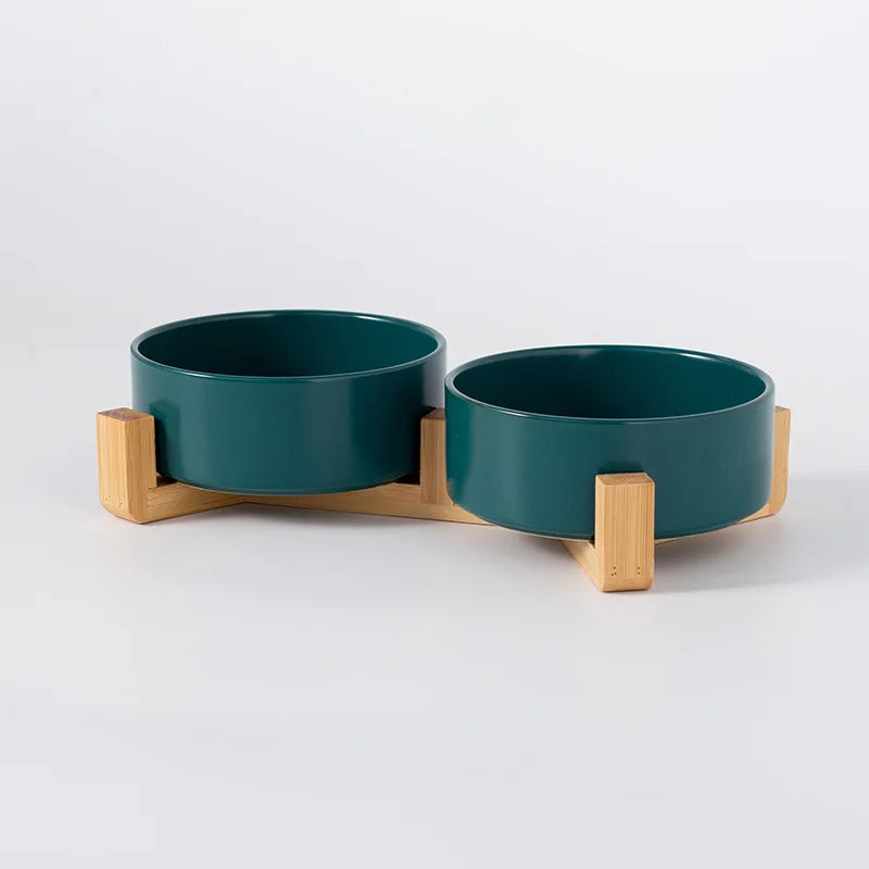 Ceramic Pet Bowl with Wooden Stand