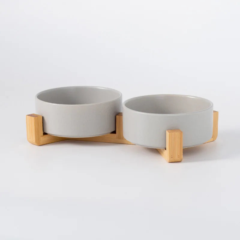 Ceramic Pet Bowl with Wooden Stand