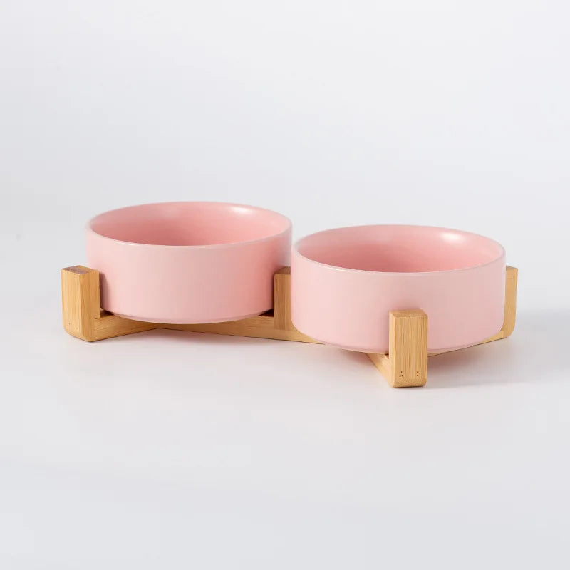 Ceramic Pet Bowl with Wooden Stand