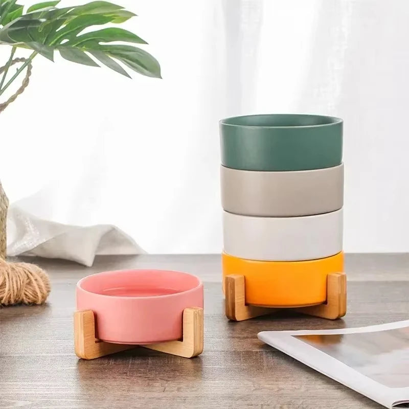 Ceramic Pet Bowl with Wooden Stand