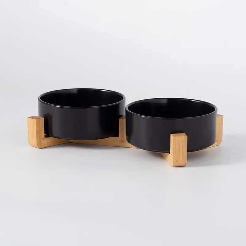 Ceramic Pet Bowl with Wooden Stand