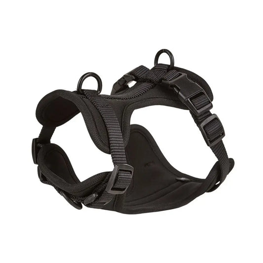 Black adjustable dog harness with padded panels and leash attachment rings