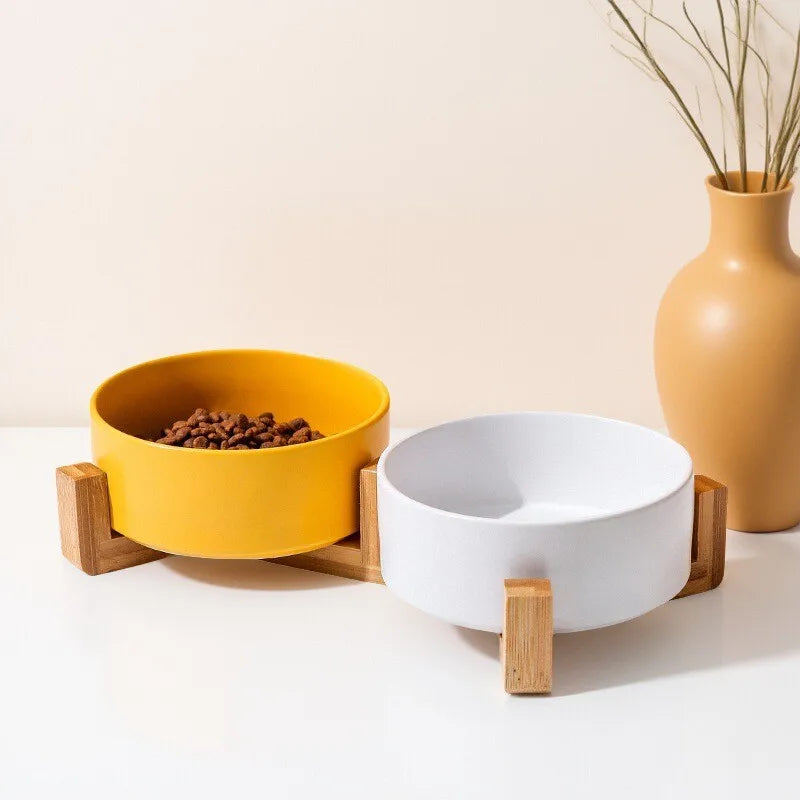 Ceramic Pet Bowl with Wooden Stand